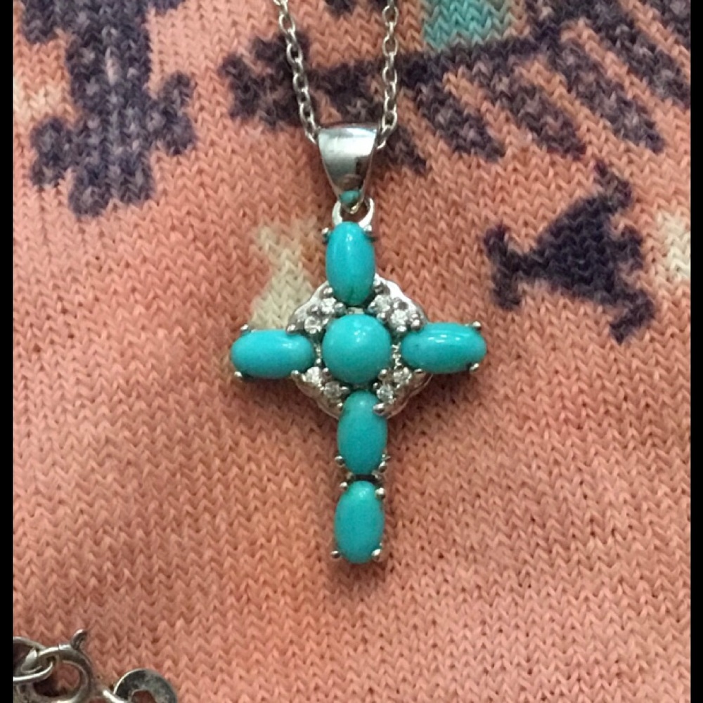 Turquoise, Austrian Crystal Cross Pendant Necklace. NWT